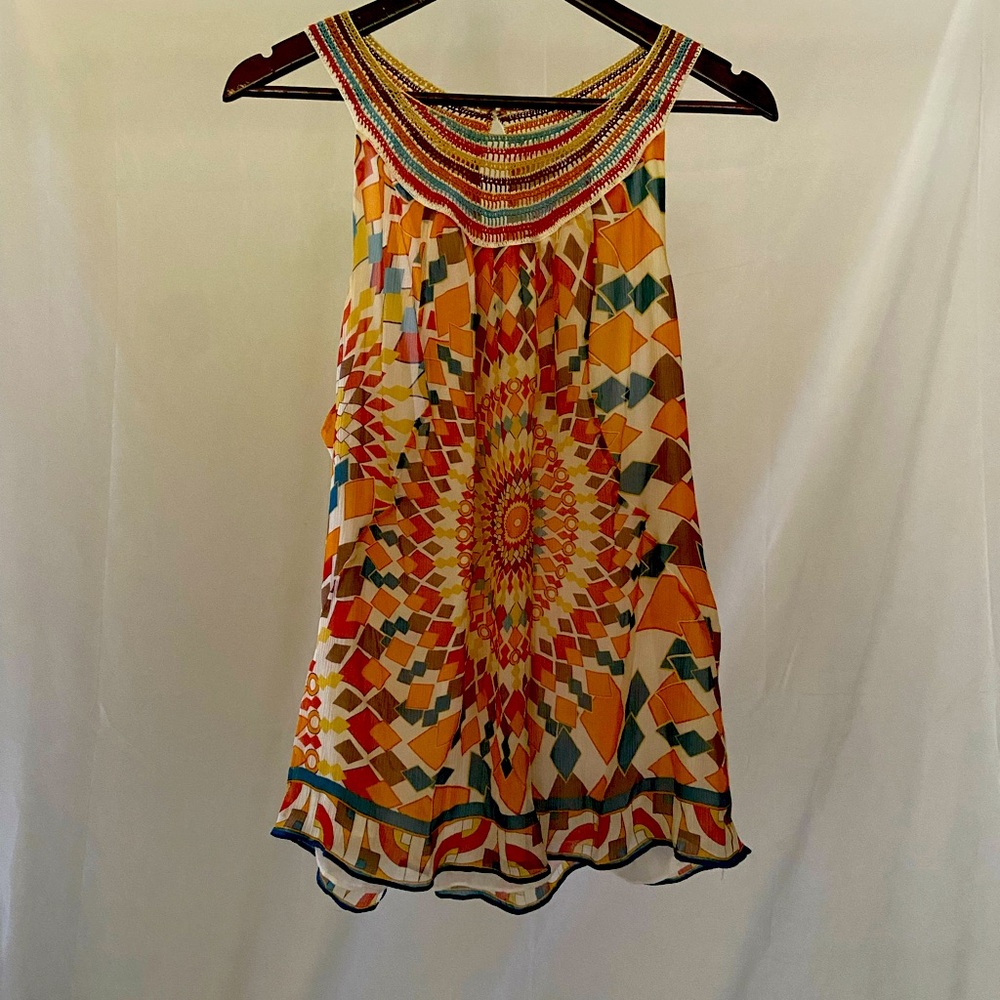 INC Silk crochet neck multi colored blouse.